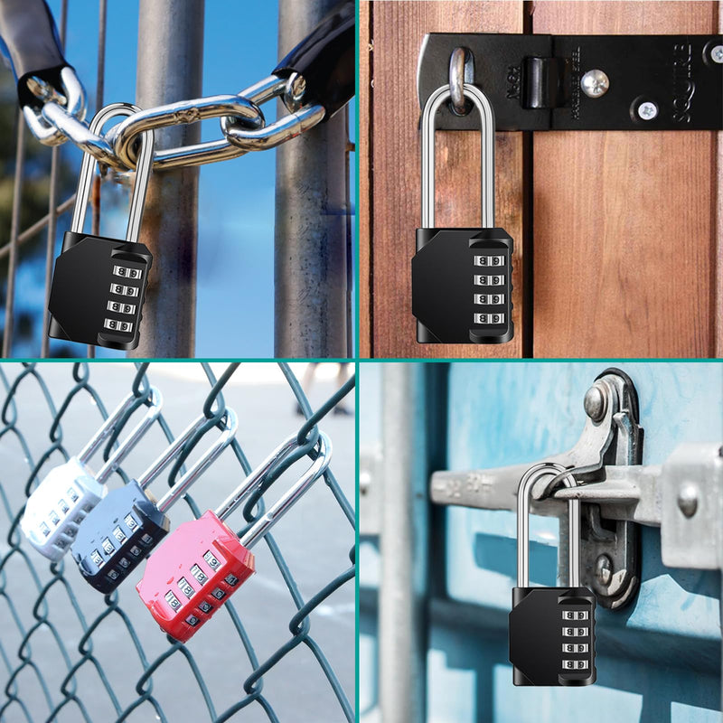 [Australia - AusPower] - ZHEGE Long Shackle Padlock, 4 Digit Combination Lock, Resettable Weatherproof Combo Lock for School, Gym Employee Locker, Outdoor, Fence (Black) 1P, Black 