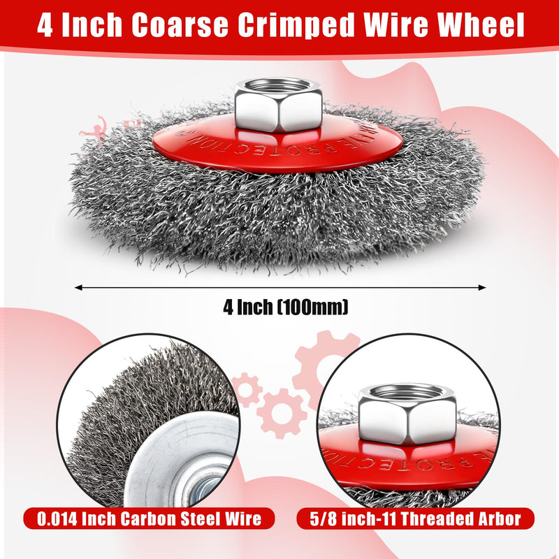 Bokon 4 Pack 4 Inch Coarse Crimped Wire Wheel for 4 1/2 Angle Grinder with 5/8 Inch-11 Threaded Arbor - 0.014 Inch Carbon Steel Wire for Rust, Corrosion, Paint Removal