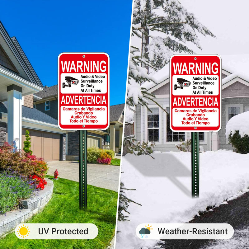2 Pack Large Audio & Video Surveillance on Duty at All Times Bilingual Signs, 18"x12" Engineer Grade Rust Free Reflective Aluminum, Fade/Weather Resistant, UV Protected, Easy to Install
