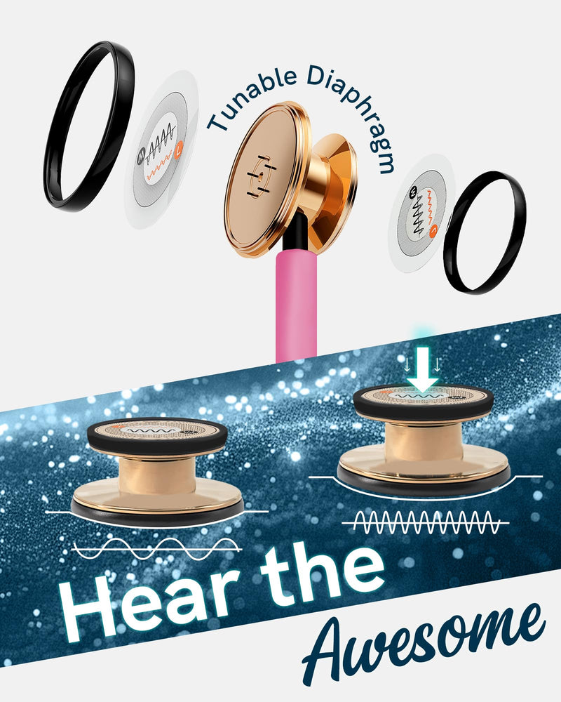 [Australia - AusPower] - FriCARE Tunable Stethoscope - Dual Head Estetoscopio for Nurses, Doctors, Paramedics, Students - FSA/HSA Eligible Stethoscopes, Hot Pink Tube, Mirror Gold Finish Chestpiece 