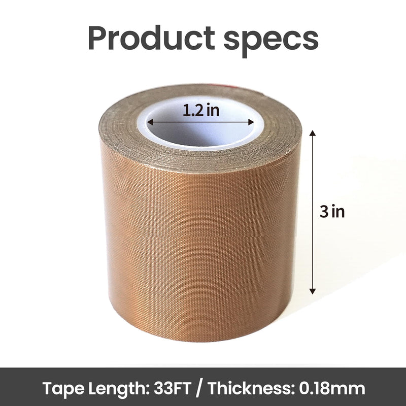 Teflone Tape, High Temperature PTFE Tape for Vacuum Sealer Machine, Hand Impulse Sealers ， 3 in x 33 ft x 0.18mm 3in