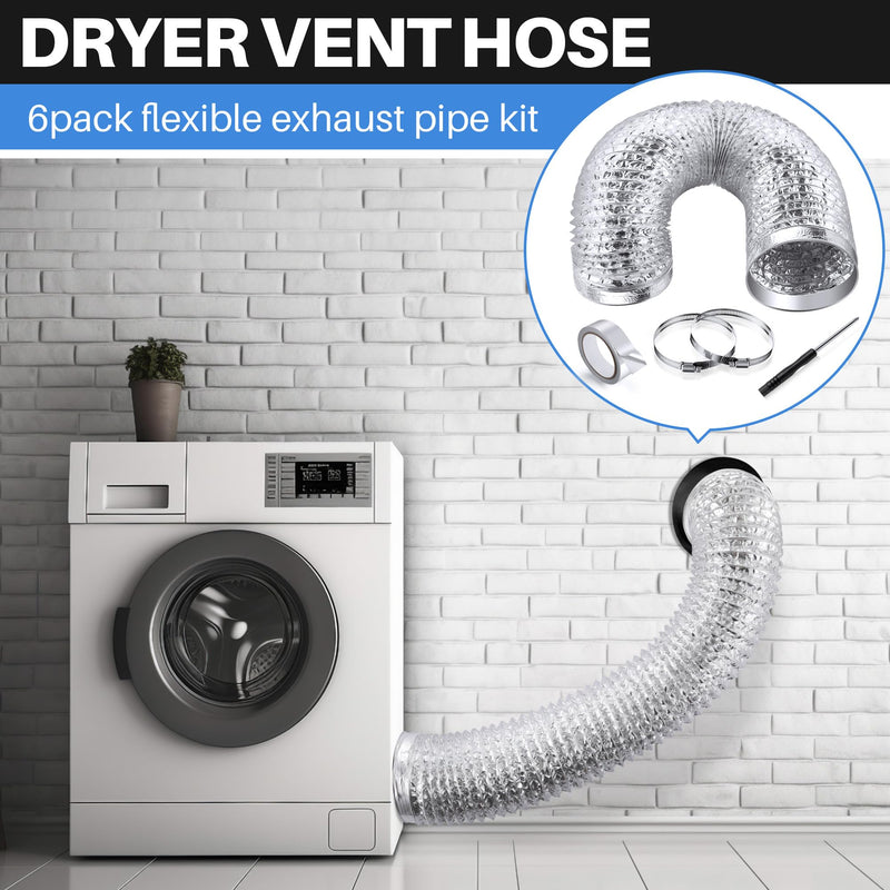 Dreyoo 6 Pack Flexible Dryer Vent Hose, 4 Inch 3 Ft Heavy Duty Aluminum Dryer Exhaust Hose, Thick(6-ply) Foil Insulated Ducting Kit with Clamps, Aluminum Foil Tape, Screwdriver, Indoor Outdoor