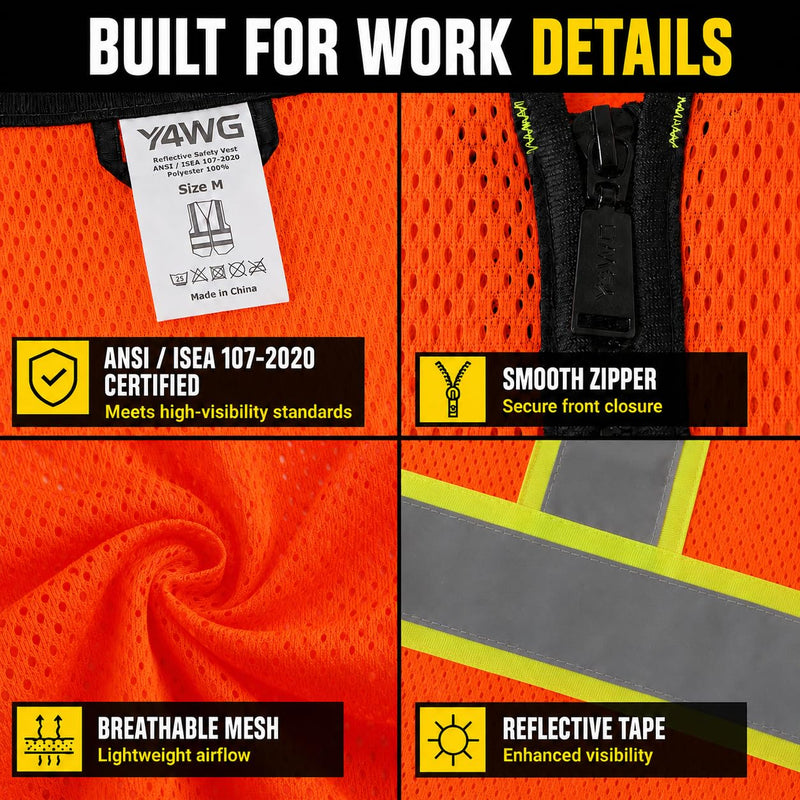 Hi Vis Reflective Safety Vest for Men Women with Pockets Mesh High Visibility Construction Vest,Meet ANSI/ISEA(YW001) Large Orange 1