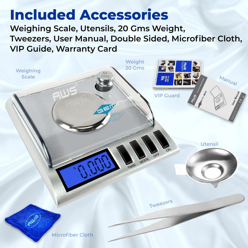 [Australia - AusPower] - AWS Gemini-50 Milligram Scale 50g x 0.001g – Digital Jewelry/Lab Scale for Powder, Gold, Gems – Includes Calibration Weights, Tweezers & Tray – Tare, Cal, 6 Units, Pocket Size Mg Scale (Silver) Gemini - 50 - Silver 