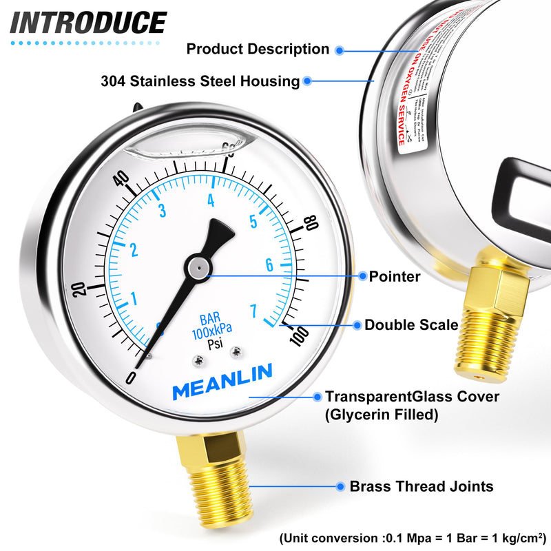 [Australia - AusPower] - MEANLIN MEASURE 0~100Psi Stainless Steel 1/4" NPT 2.5" FACE DIAL Liquid Filled Pressure Gauge WOG Water Oil Air Lower Mount, with 1/4" x 1/2" NPT and 1/4" x 3/8" NPT Hex Bushing 0-100Psi 
