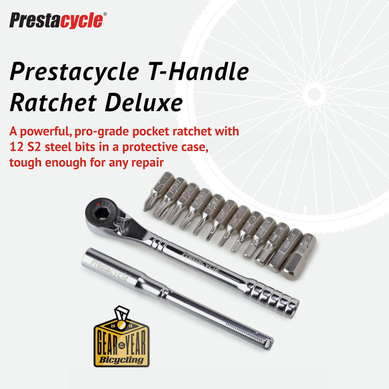 Prestacycle Pro Ratcheting T-Handle Tool Set, Heavy-Duty 60 Nm T-Handle Ratchet with 12-Piece 1/4" Hex Bit Set, Portable T Handle Screwdriver Set with Neoprene Case for Bike Repair & Maintenance