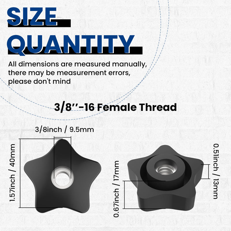 [Australia - AusPower] - 3/8-16 Thread Knob Nut, 6 Pack 3/8 Star Shape Hand Tighten Clamping Knobs Black Screw-On Nuts 3/8-16 