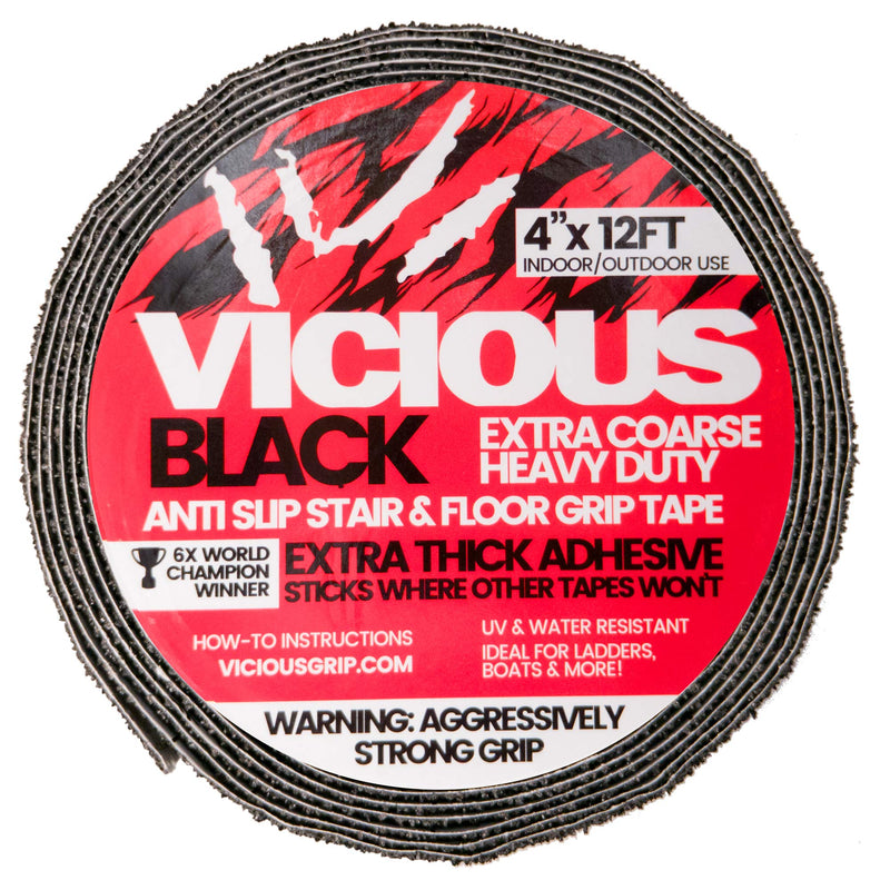 Vicious Black Extra Coarse Heavy Duty Anti Slip Safety Traction Tape | 4 Inch x 12 Feet | Indoor Outdoor Industrial Commercial Use | Waterproof, Oil Resistant, Durable