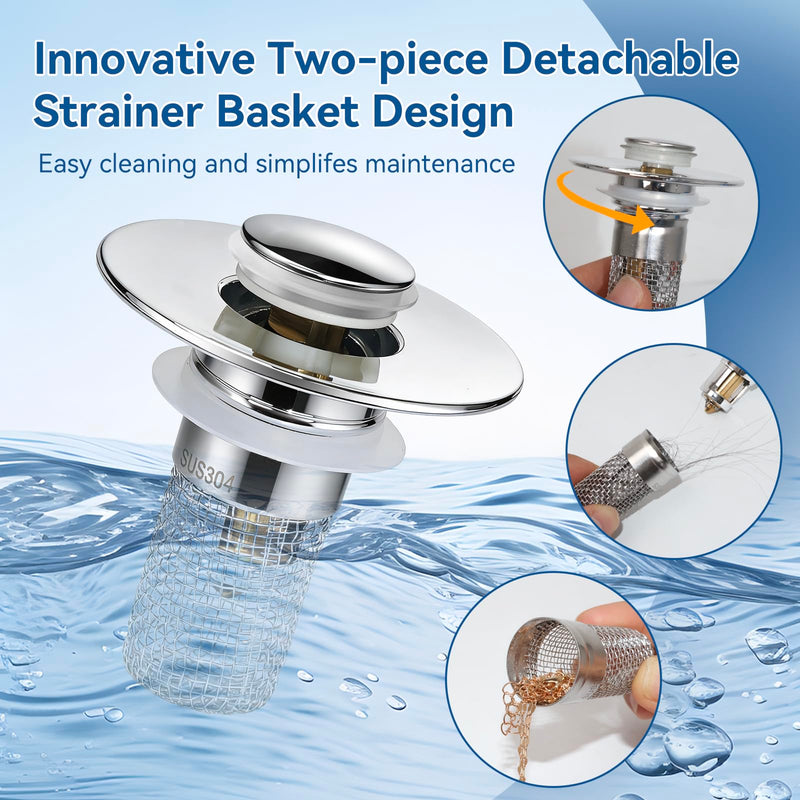 Universal Bathroom Sink Stopper & Hair Catcher, Stainless Steel Drain Filter Strainer, Anti-Clog Pop Up Drain Stopper for US Standard Bathroom Sinks(2PCS) 2pcs