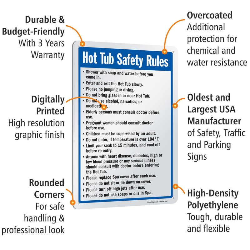 SmartSign-S-4896-Pl "Hot Tub Safety Rules" Sign | 10" x 14" Plastic - Black/Blue on White
