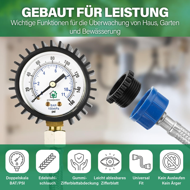 Mesh Water Pressure Gauge - 0-11 Bar / 0-160 PSI | Water inlet pressure gauge with hose tap connection - hydraulic tool for the