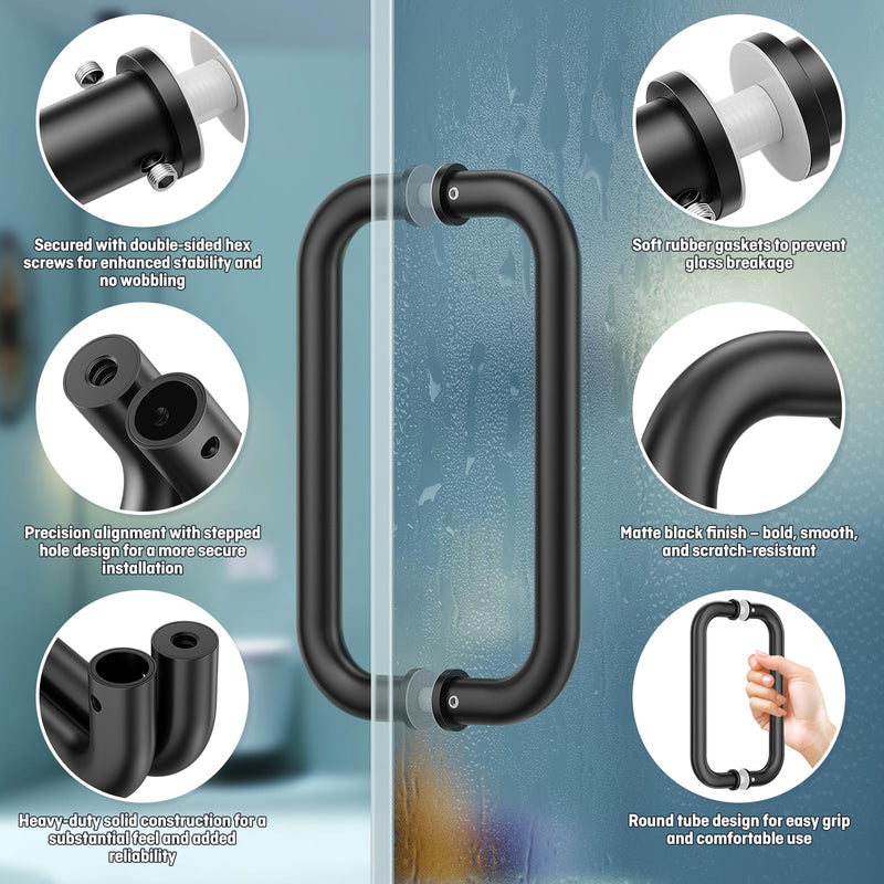 Ranbo Matte Black 8" CTC Tubular Back-to-Back Shower Door Handle,Heavy-Duty 1.0mm Thick 304 Stainless Steel,for 1/4"- 1/2" Thick Glass and 1-3/8" - 2-1/6" Thick Wooden or Metal Doors 8 Inch