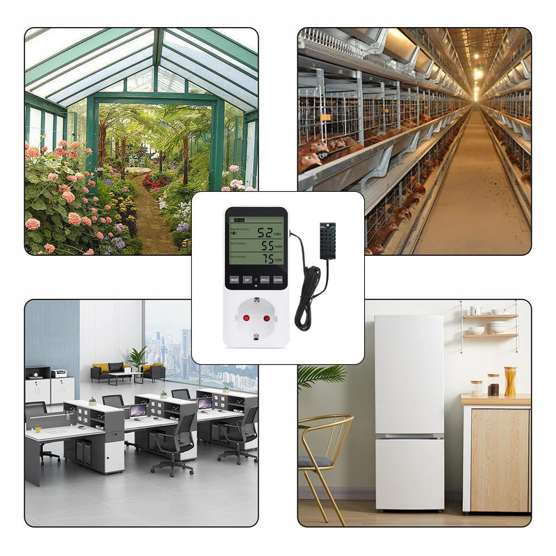 Humidity Regulator Temperature Controller Socket, Digital Hygrostat Humidity Controller 16A 230V with Sensor, Temperature Switch and Humidity Controller for Indoors, Greenhouse, Aquarium
