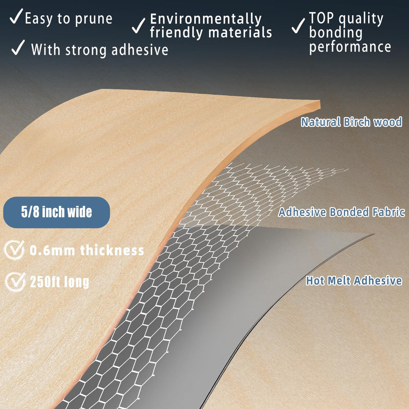 Birch Edge Banding, 5/8 inch x 250ft Plywood Veneer Wood Edge Banding, Preglued Wood Tape Banding for Cabinet Repair Birch 5/8"x 250ft