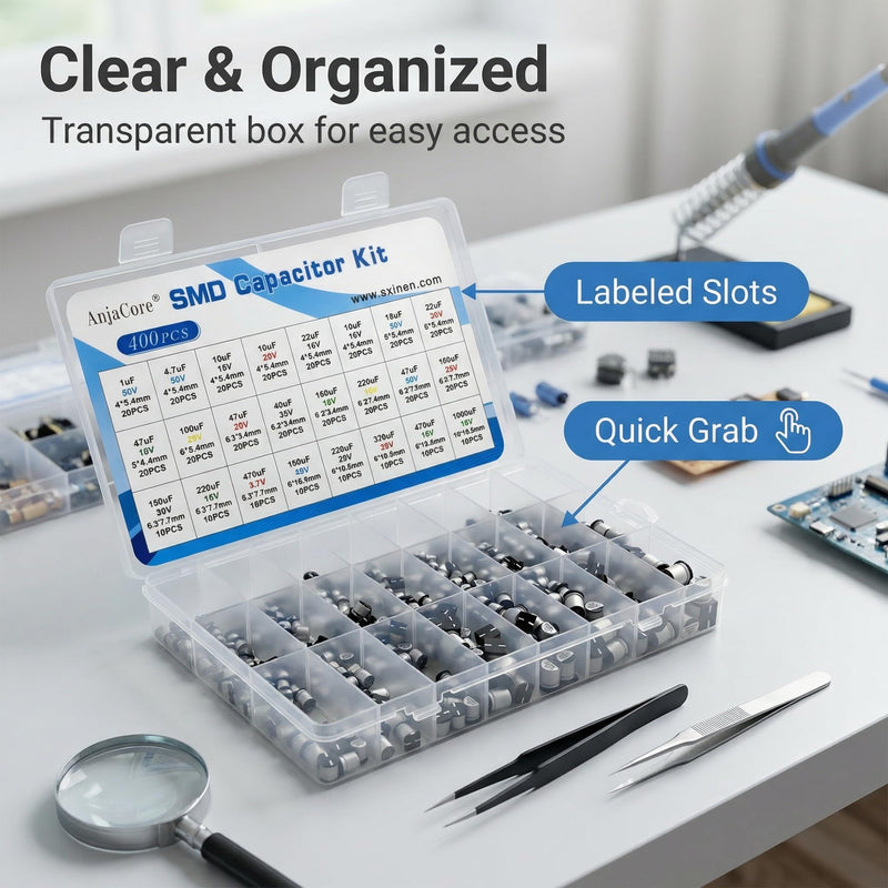 400 Pcs 24 Values 1uF-1000uF SMD Aluminum Electrolytic Capacitor Kit Assortment with Storage Box, ±20% Tolerance, -40℃ to 105℃ for DIY Repair LED Electronic Projects 400