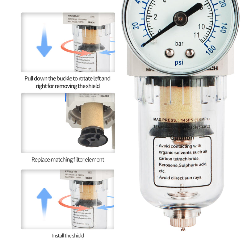 1/4" NPT Air Compressor Regulator - Air Pressure Regulator, Air Dryer AW2000-02 Manual Drain Poly Bowl Gauge 0-160 PSI 5?m Brass