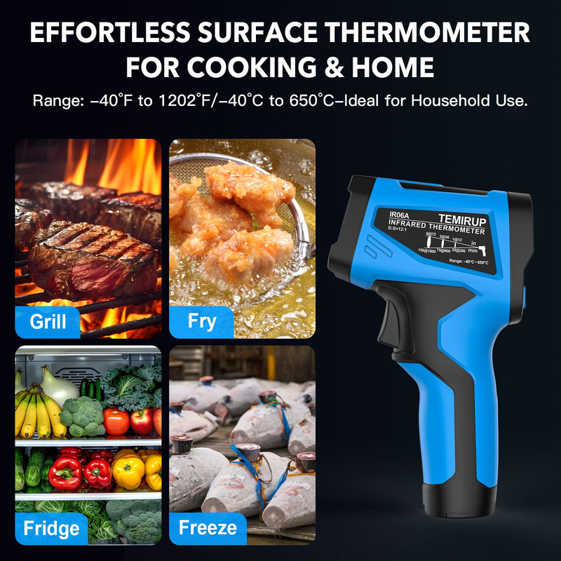 [Australia - AusPower] - Infrared Thermometer Temperature Gun - TEMIRUP Non-Contact Digital Laser Thermometer Temp Gun with Thermocouple Probe for Industrial, Cooking, Griddle, Engine, HVAC, Adjustable Emissivity,-40℉~1202℉ 