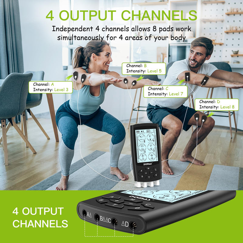 [Australia - AusPower] - DOMAS TENS Unit with 4 Channel Outputs, TENS EMS Unit Muscle Stimulator for Back Pain Relief, Portable & Rechargeable Nursing Machine Device with 24 Modes Electronic Pulse Massager & 16 Pads 