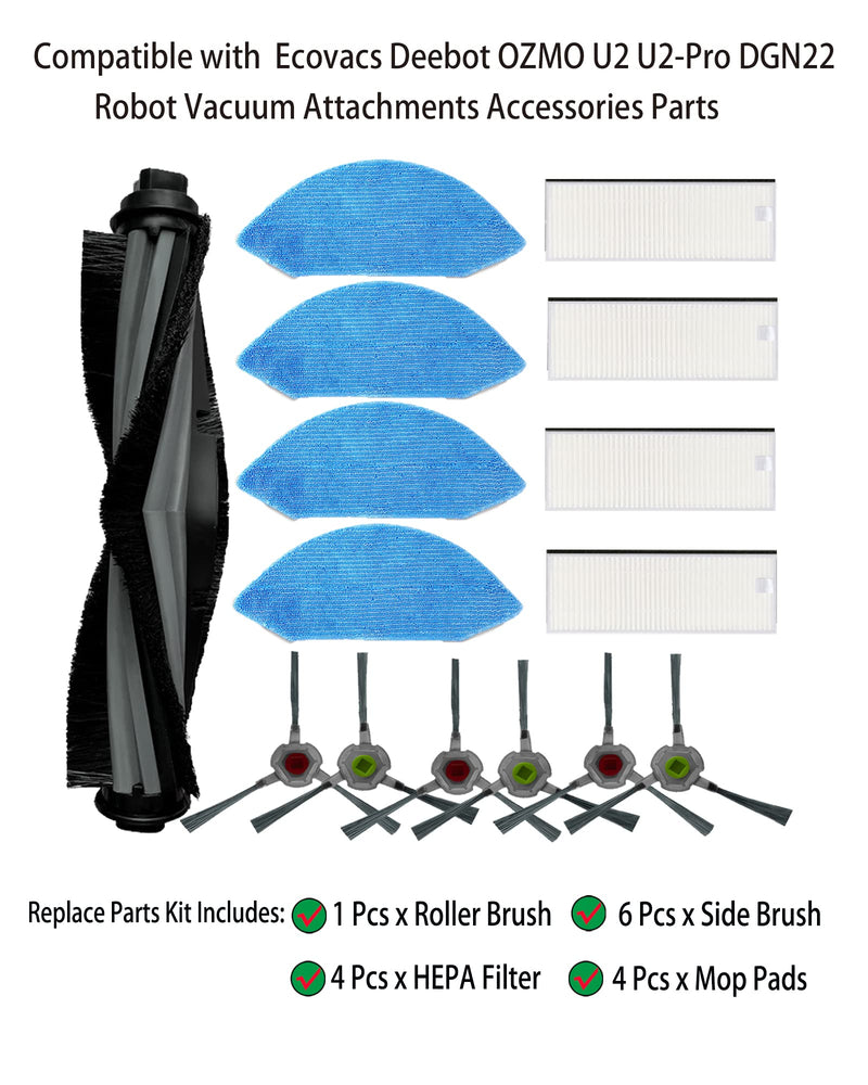 [Australia - AusPower] - Replacement Parts for Ecovacs Deebot OZMO U2 U2-Pro DGN22 Robot Vacuum Attachments 1 Main Brush 6 Side Brush 4 Filter 4 Mop Pad Accessories 