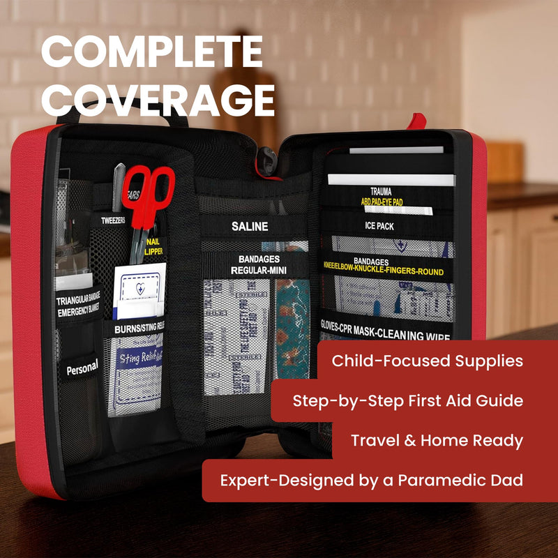 Portable First Aid Kit for Kids with CPR Shield - Ideal for Home, Car, School, Camping, and as a Travel First aid kit. Latex-Free Bandages – Children First Aid Guide by The Life Safety Pro Medium