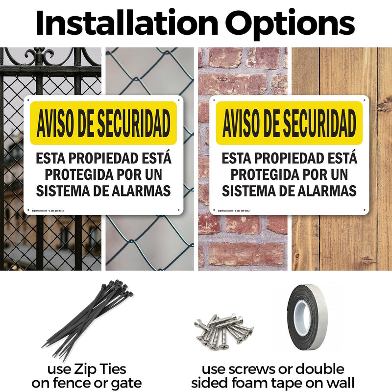 (2 Pack) Facility Protected By Alarm Spanish OSHA Security Notice Sign 14 Inch X 10 Inch Indoor/Outdoor Rust-Free Aluminum Metal Signs for Workplace, Workshop, and Construction Site, Made in the USA