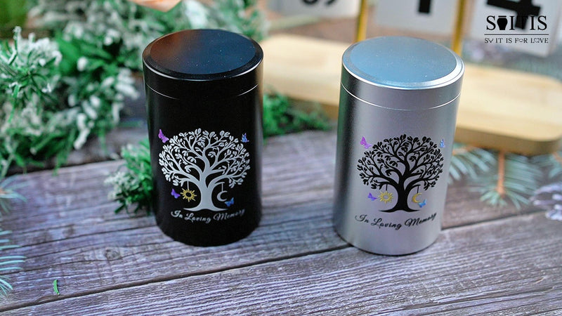 SOITIS Mini Urn for Human Ashes 3.54 Inch Small Urns for Human Ashes Keepsake Memorial Urn for Human Ashes Aluminum Keepsake Cremation Ashes Keepsake-Tree of Life with the Moon and Sun Silver-Tree
