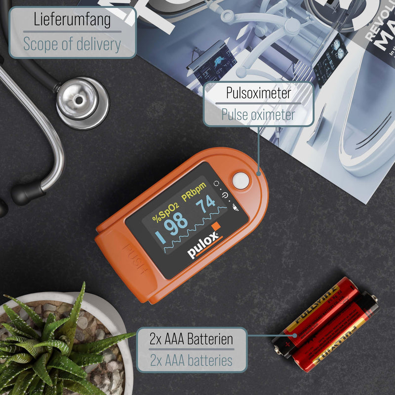 Pulox PO-200 Solo Pulse Oximeter Orange for Measuring SpO2, Pulse and PI | With precision indicator for reliable control of oxygen saturation, heart rate and perfusion index