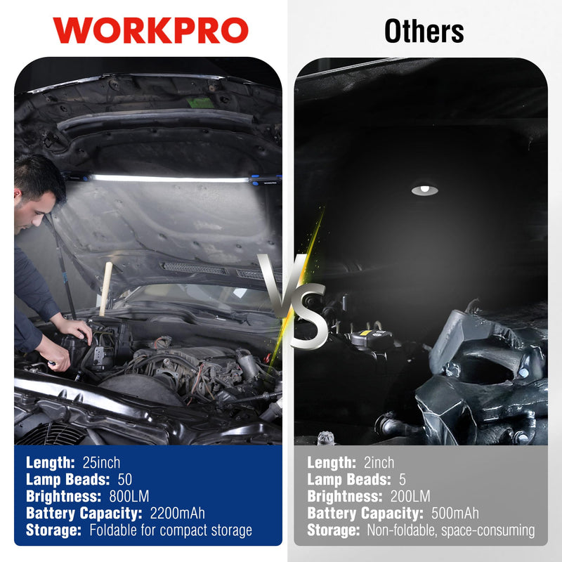 [Australia - AusPower] - WORKPRO Rechargeable Underhood Work Light, 25inch Long Foldable LED Work Light Bar, 3 Lighting Modes with Adjustable Straps and Hooks, Magnetic Light for Car Repairing/Garage/Workshop/Emergency 