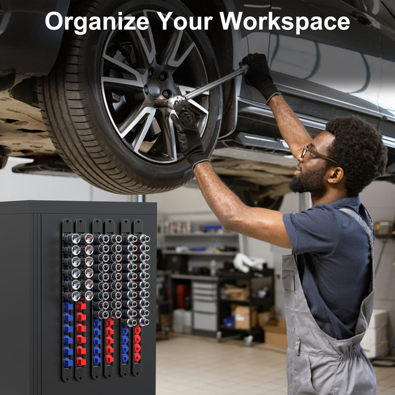 FIVEPEARS 6PCS 360° Socket Organizer Twist Lock,3/8 1/4 1/2 Socket Storage Rails, Premium Quality Socket Holders for Tool Box ，Tool Carts，Contains up to 80 Clips (Blue & Red) REDBLUE-6