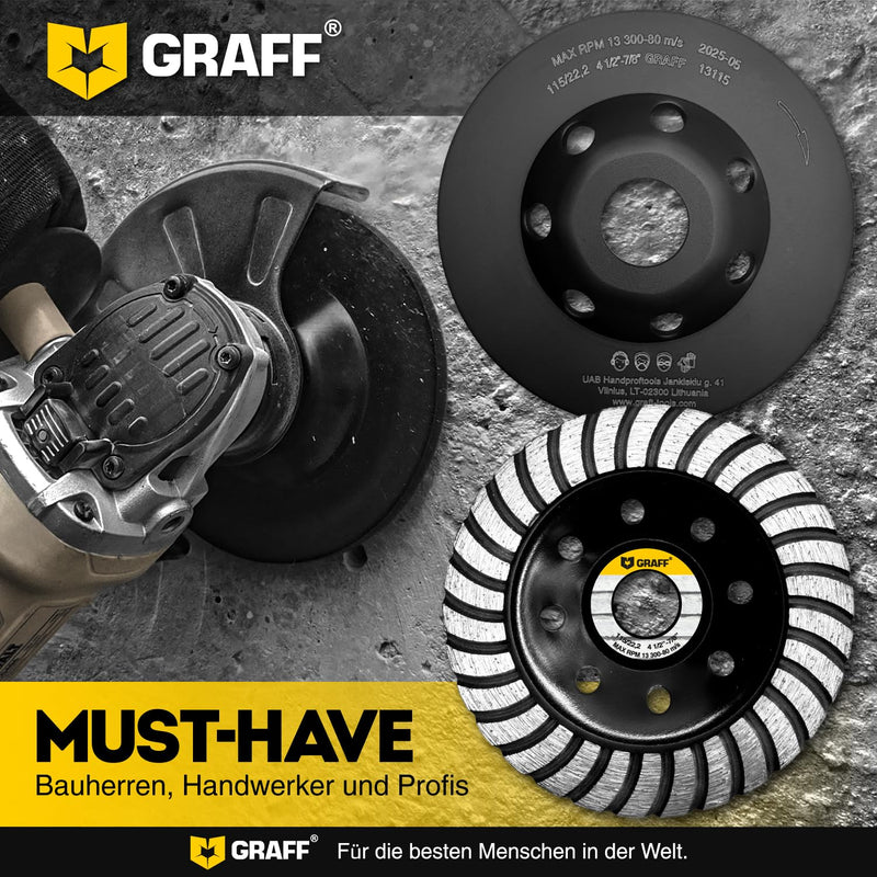 [Australia - AusPower] - GRAFF Diamond Grinding Disc 115 mm for Angle Grinders - Diamond Cup Wheel for Stone, Concrete, Tile Adhesive, Granite, Masonry - Professional Turbo Sanding Disc Diameter 115 mm - Turbo grinding wheel 