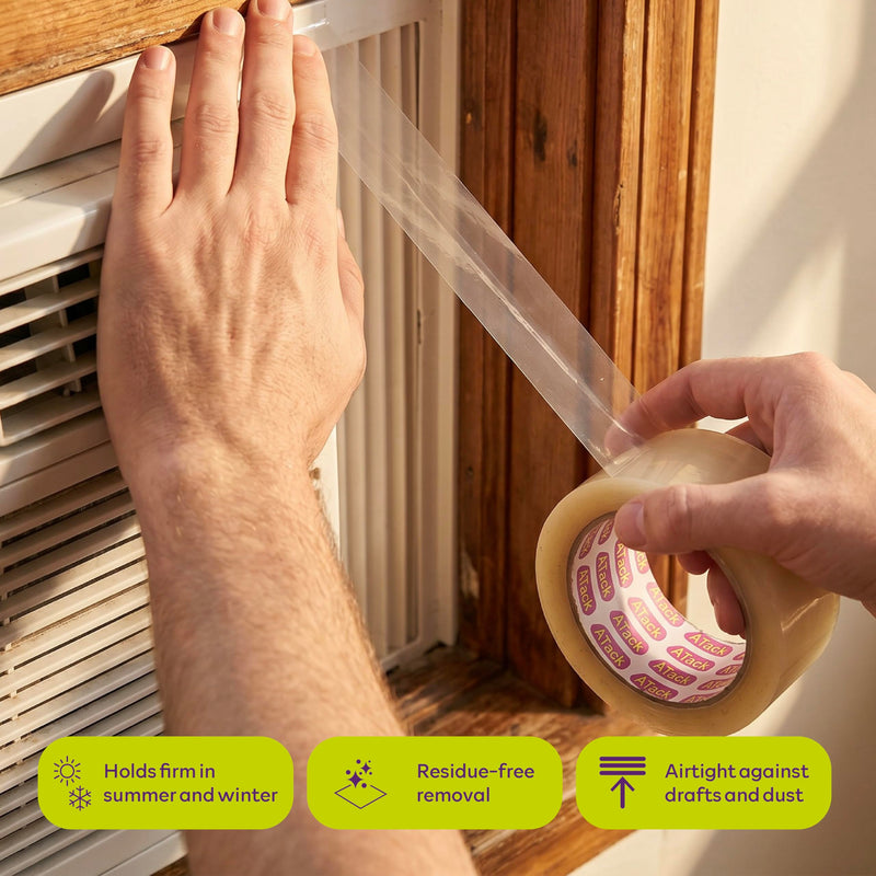 ATack Transparent Window Weather Sealing Tape, 2-Inch x 30 Yards, Clear Window Draft Isolation Sealing Film Tape- No Residue, Surface-Safe, Wood-Safe, Removes Cleanly 2" x 30 Yards (Single Pack)