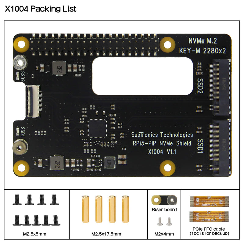 Geekworm X1004 PCIe to Dual M.2 NVMe 2280 SSD HAT for Raspberry Pi 5 | PCIe 2.0