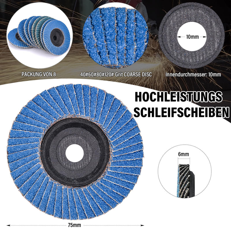 8 piece serrated washers, diameter 76 mm x 10 mm, 40 60 80 120 grit set | Sanding Discs and Sanding Mop Discs for Metal, Steel and Wood, Slat Discs for Angle Grinders and Polishing Machines 76mm K40 K60 K80 K120 8