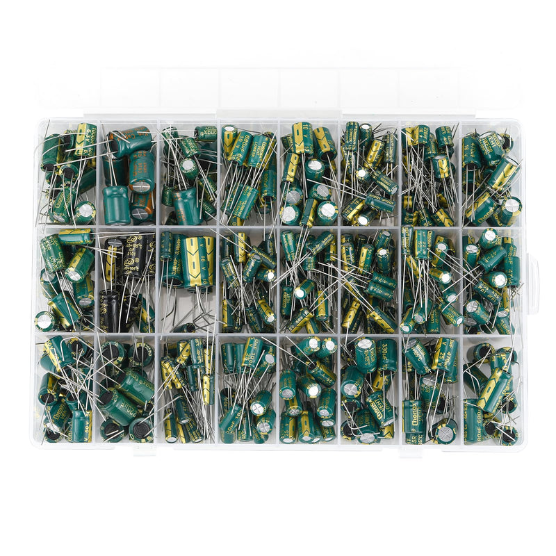 24Value 460Pcs 6.3V-50V Capacitor Assortment Box Kit DIP 1uF-1500uF High Frequency Aluminum Electrolytic Capacitors for Industrial Electrical and Arduino etc.