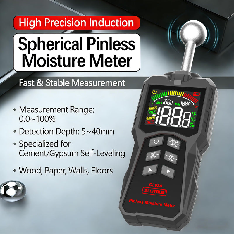 [Australia - AusPower] - Pinless Moisture Meter, Spherical Ball Probe Non-Invasive, High Precision Damp Detector with Backlit LCD, 5-40mm Depth for Walls, Drywall, Concrete, Woodworking & Mold Prevention 