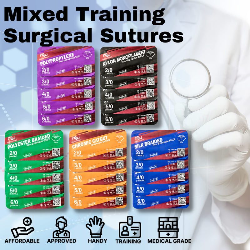 [Australia - AusPower] - Suture Threads with Needle (25 PK Mixed Dissolvable and Non-Dissolvable) 2-0, 3-0, 4-0, 5-0, 6-0: Camping Survival Demo, Military Tactical Drill, Clinic Rotation Suturing, First Aid Travel Safety Demo 