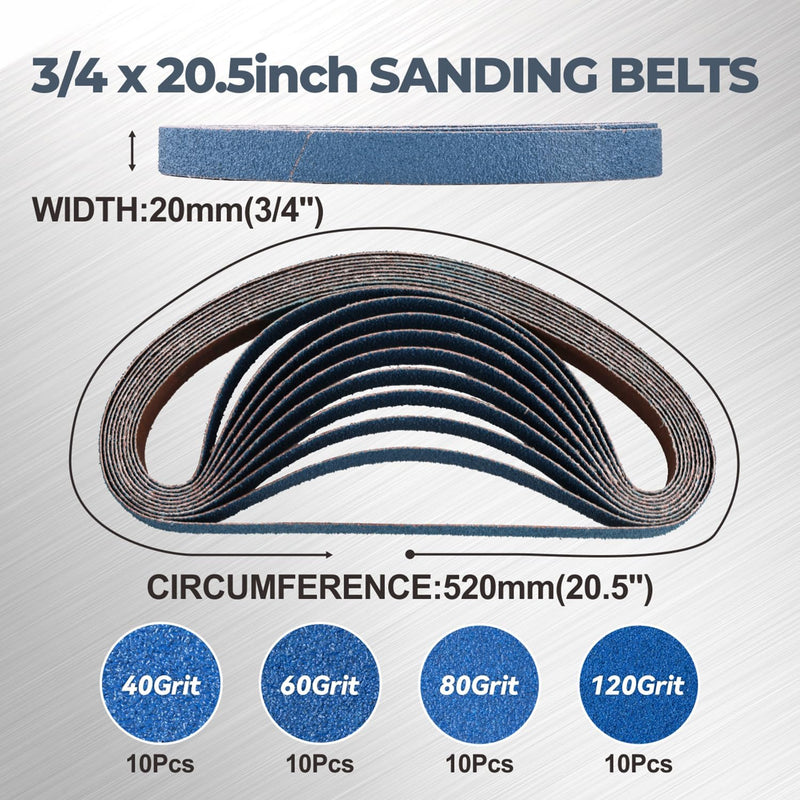 [Australia - AusPower] - 3/4 x 20.5 Inch Zirconia Sanding Belts, 40Pcs 10 Each of 40/60/80/120 Assorted Grits, Belt Sander Sanding Belt for Knife Blade Sharpening, Metal Polishing, Derusting, Woodworking 3/4‘’ x 20.5‘’-40Pcs 