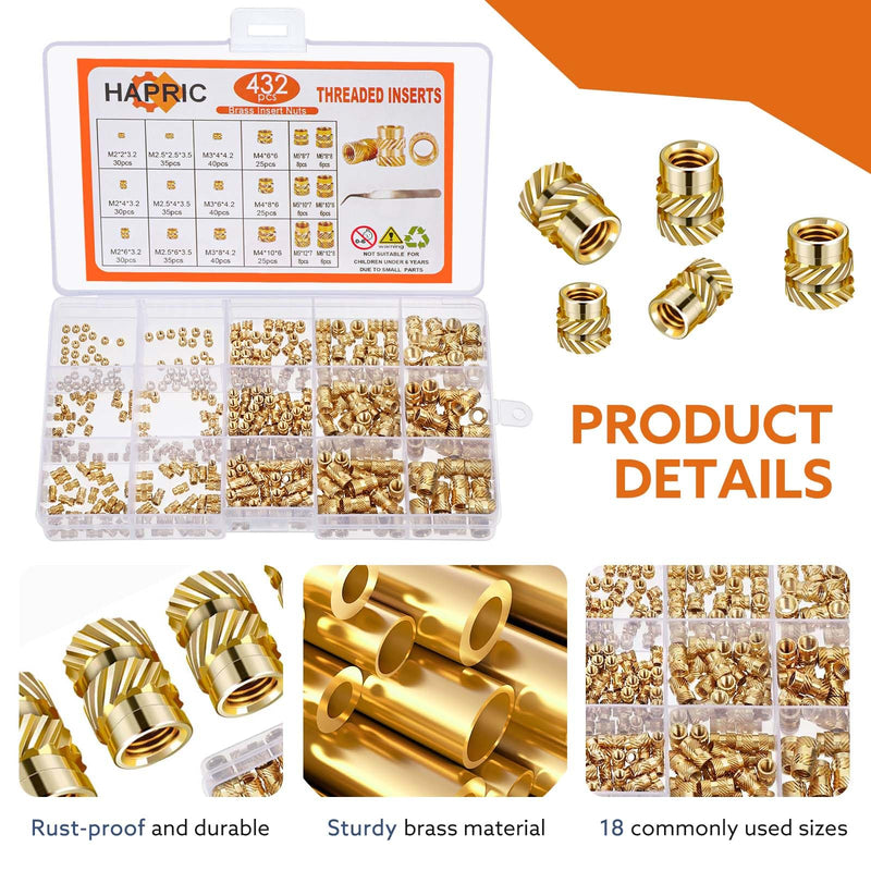 [Australia - AusPower] - 432 Pcs Threaded Inserts for Plastic Heat Set Insert M2 M2.5 M3 M4 M5 M6 Brass Metric Knurled Nuts Kit for 3D Printing Automotive Plastic Shell 