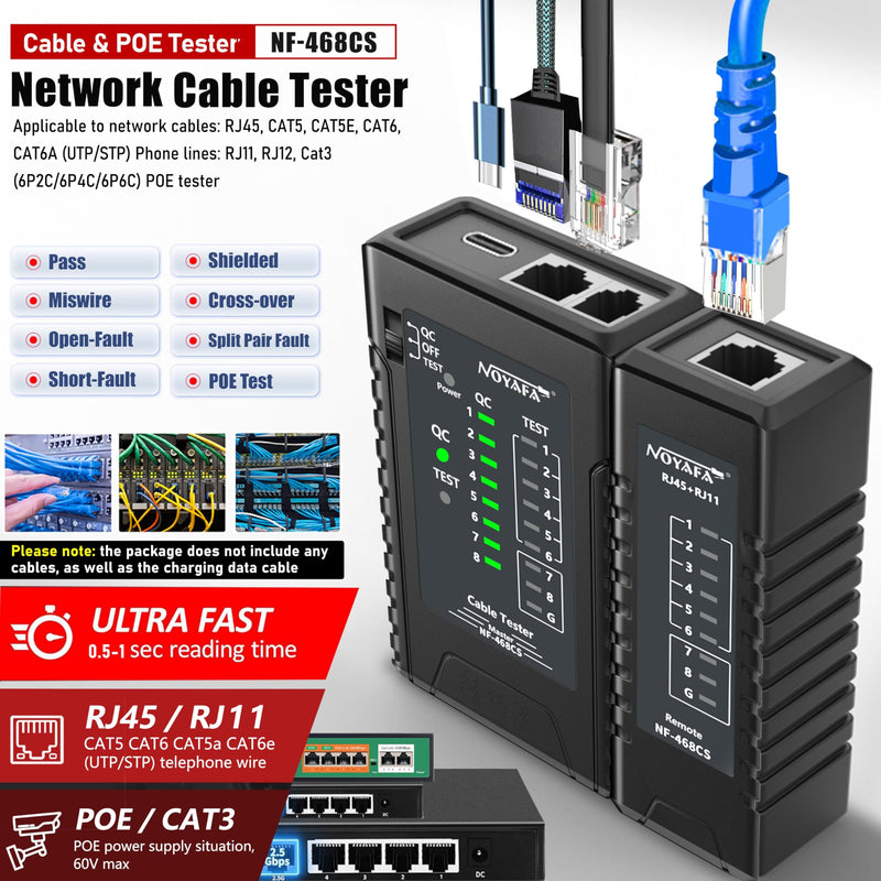 [Australia - AusPower] - NF-468CS Network Cable Tester,RJ45/RJ11/CAT5/CAT6/CAT5E/CAT6A/ CAT7/POE Test UTP/STP Continuity Tester Ethernet Cable Mapper Phone Line CAT3, Ethernet Cable Tester, LAN Cable Test Network Tools Black 