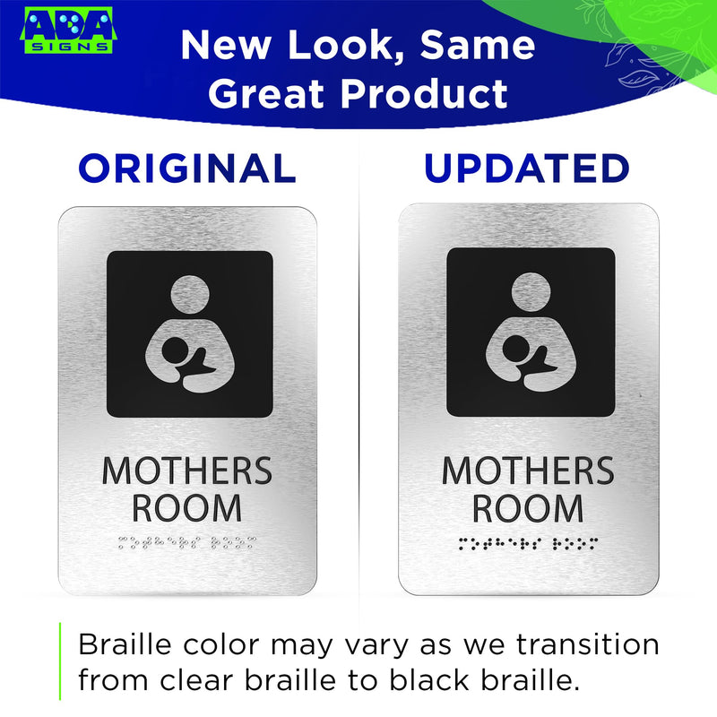 ADASigns Mothers Room Sign – 6" x 9" Durable Brushed Aluminum with Braille & Strong Adhesive Tape – Weatherproof Lactation Nursing Breastfeeding Bathroom Sign for Retail Store, Restaurant & Business Black Silver