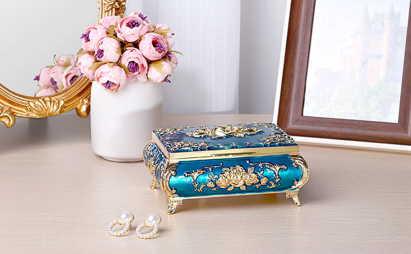 ELLDOO Vintage Music Box, Blue Metal Musical Jewelry Box Keepsake Box, Small Trinket Jewelry Storage Box Gift for Girl Women (Tune: You are My Sunshine)