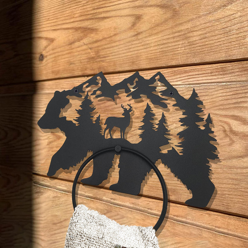 Black Bear Bathroom Decor Towel Holder for Bathroom Wall, Matte Black Log Cabin Towel Hook Rustic Bathroom Towel Rack Wall Mount, Round Towel Ring for Woodland Bathroom