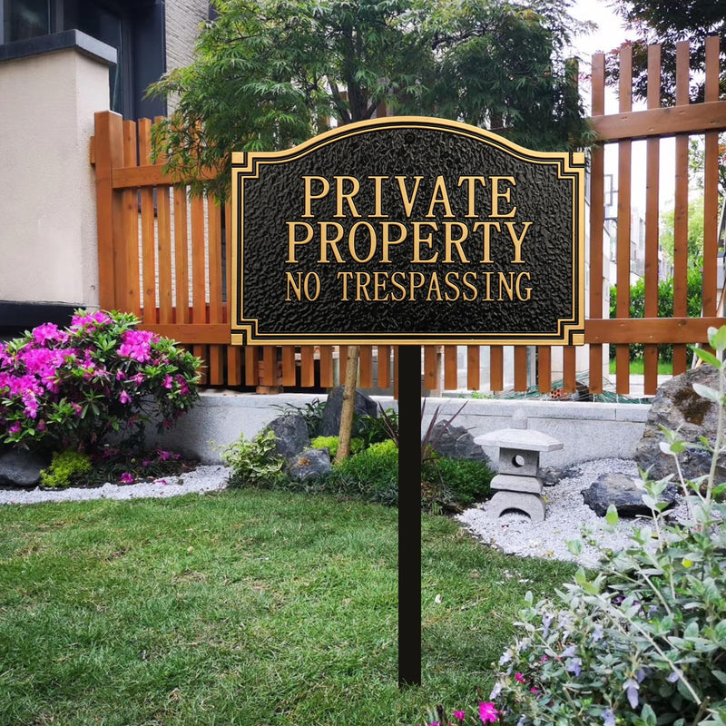 Private Property No Trespassing Sign - Solid Metal Cast, Embossed Statement Plaque,11.5"×7.5" with 31.5" Stakes, Classic Design for House, Home, Garden and Yards, Upgraded Stainless Screws