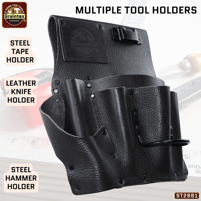 Graintex Drywall Pouch Heavy Duty Top Grain Leather, Steel Hammer Holder, Drywall Tool Belt, Framers Tool Pouch, Construction, Carpenter, Electricians, Ideal for Tradesmen Black Rugged Right Handed