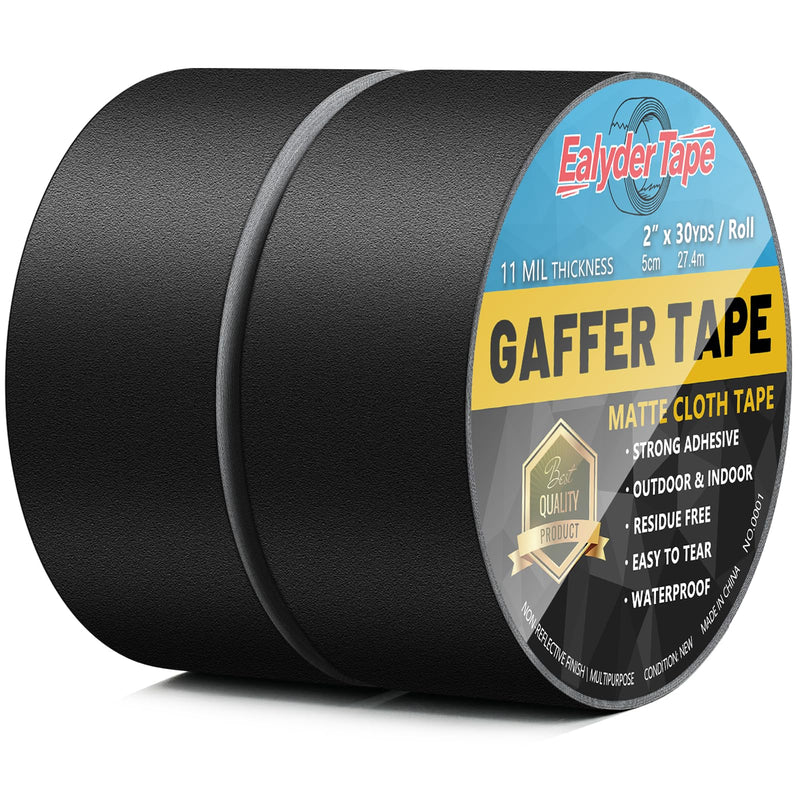 2 Pack Black Gaffers Tape 2 Inch x 30 Yards - Heavy Duty, Waterproof, No Residue, Non-Reflective, Easy Tear Gaffers Stage Tape - Multipurpose