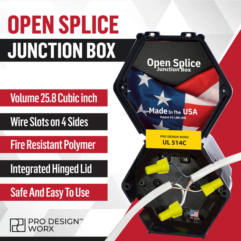 Open Splice Junction Box 5-Pack | UL 514C | One-Piece Polycarbonate Box, Code-Approved, Durable DIY Electrical Splice Enclosure in Black | Fast Installation for Safe Wiring Connections 5 Pack