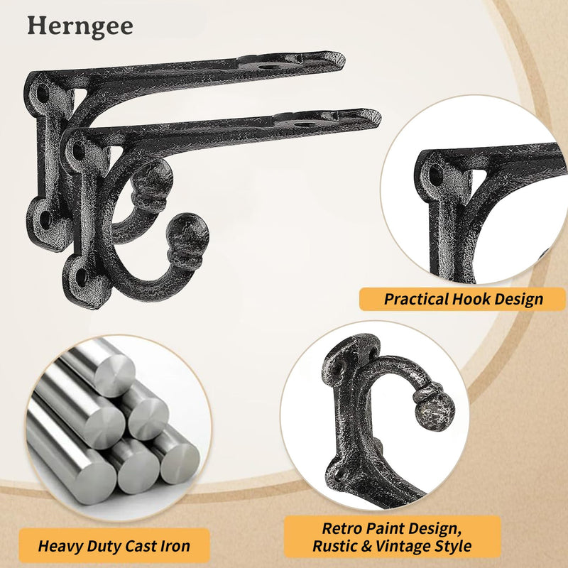 Cast Iron Shelf Brackets 4 Inch, 4 Pack Black Rustic Shelf Brackets with Hooks，Heavy Duty Floating Brackets Wall Mounted, Decorative Brackets for Wood Shelves 4 Pack 4'' Bracket