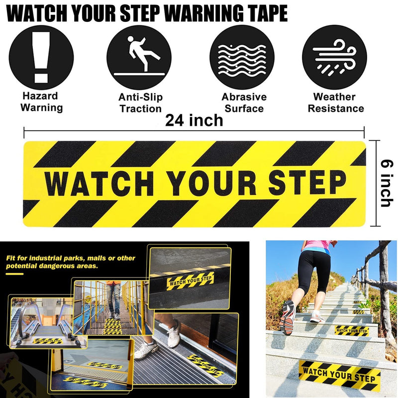3-Pack Watch Your Step Sticker Sign Stair 6 x 24 Inch Caution Watch Your Step Floor Decals Warning Sticker Adhesive Tape Anti Slip Abrasive Tape for Workplace Safety Wet Floor Caution