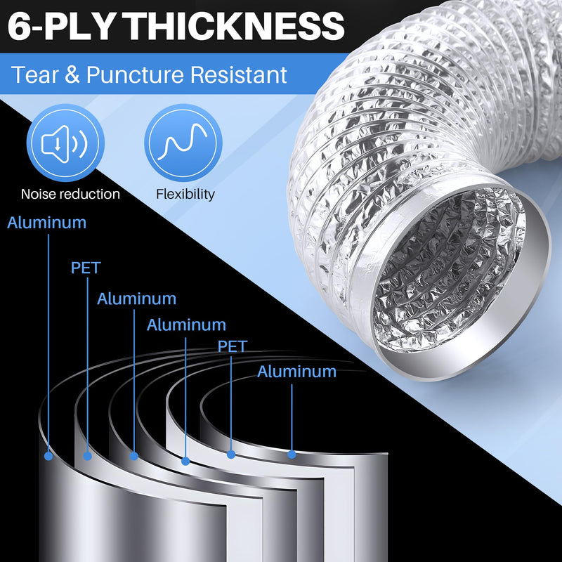 Dreyoo 6 Pack Flexible Dryer Vent Hose, 4 Inch 3 Ft Heavy Duty Aluminum Dryer Exhaust Hose, Thick(6-ply) Foil Insulated Ducting Kit with Clamps, Aluminum Foil Tape, Screwdriver, Indoor Outdoor