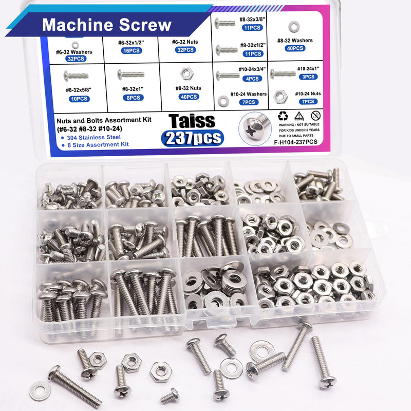 [Australia - AusPower] - Taiss Machine Screws Nuts and Bolts Assortment Kit,304 Stainless Steel Bolts and Nuts Kit,#6-32#8-32#10-24 8 Sizes Phillips Pan Head Bolt and Nut & Washers +30 Sets 1/4-20 Threaded Inserts for Wood 